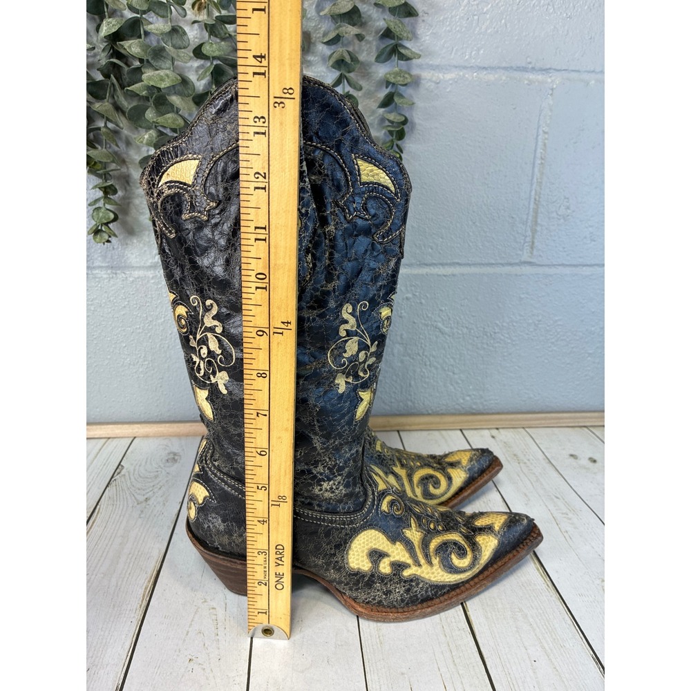 Corral Vintage Distressed Black Yellow Lizard Inlay Western Boots Womens 7M - Picture 8 of 8